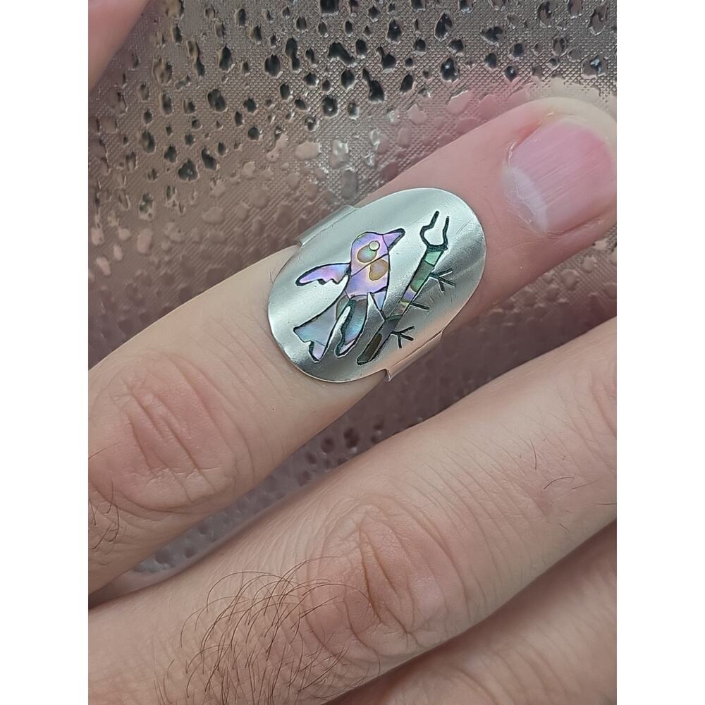 Taxco Sterling Silver Ring Inlaid With Abaloney&MOP Bird Motif Size 7.75 - Picture 3 of 11